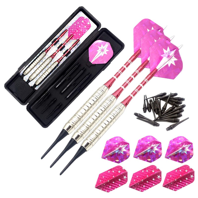 ROOBEEO Soft Tip Darts Set for Electronic Dart Board 18/22g Plastic Tip Darts Set with Brass Barrels&Aluminum Shafts, 6 Flights 3 Spare Plastic Dart Shaft 20 Soft Tips Portable Case (18g-Silver&Pink) - Image 1